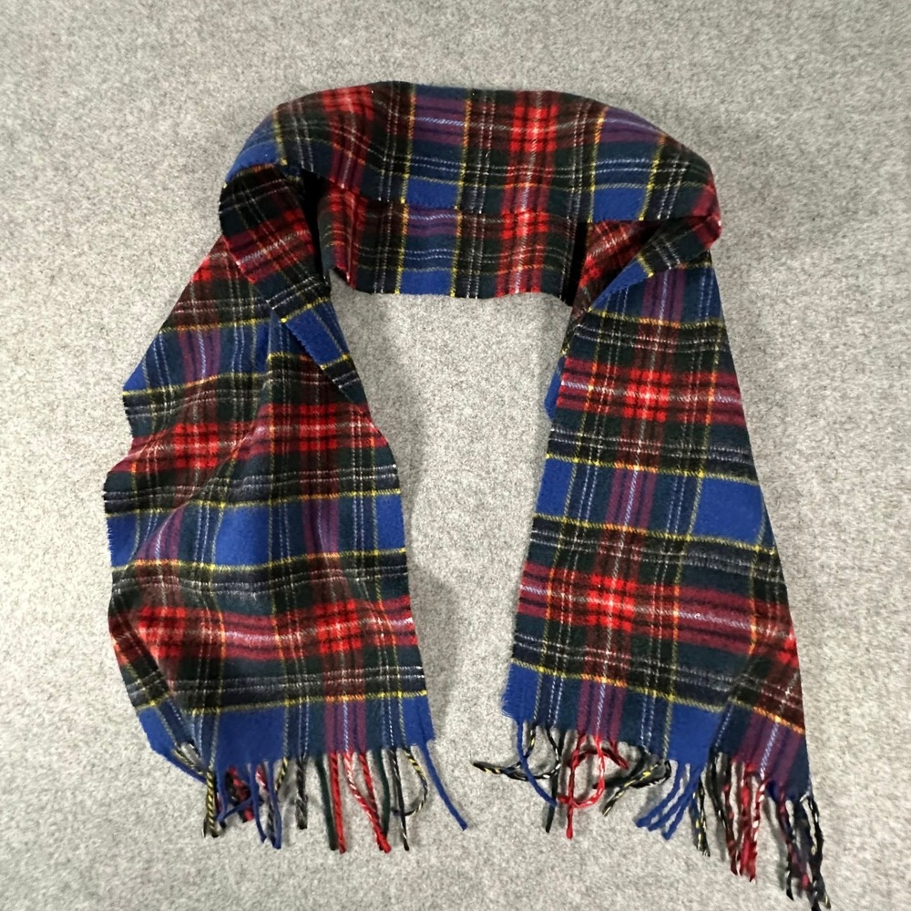 Geoffrey Beene Scarf One Size Blue Mens Wool Plaid Italy Red Yellow Fringe Soft